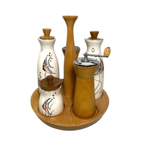 VTG Woodpecker Wood Ware Condiment Caddy Angel Fish Cruet Set 60s MCM Rare *READ - Picture 2 of 15